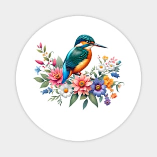 An oriental dwarf kingsfisher decorated with beautiful colorful flowers. Magnet